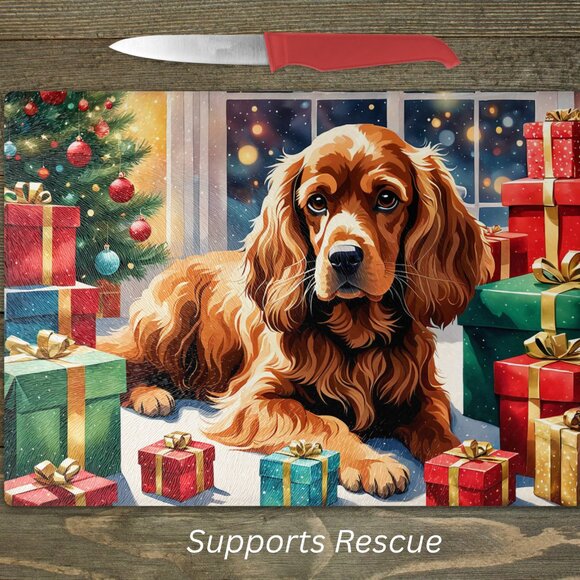 Christmas Cocker Spaniel Kitchen Tempered Glass Cutting Board or Trivet - Picture 1 of 1